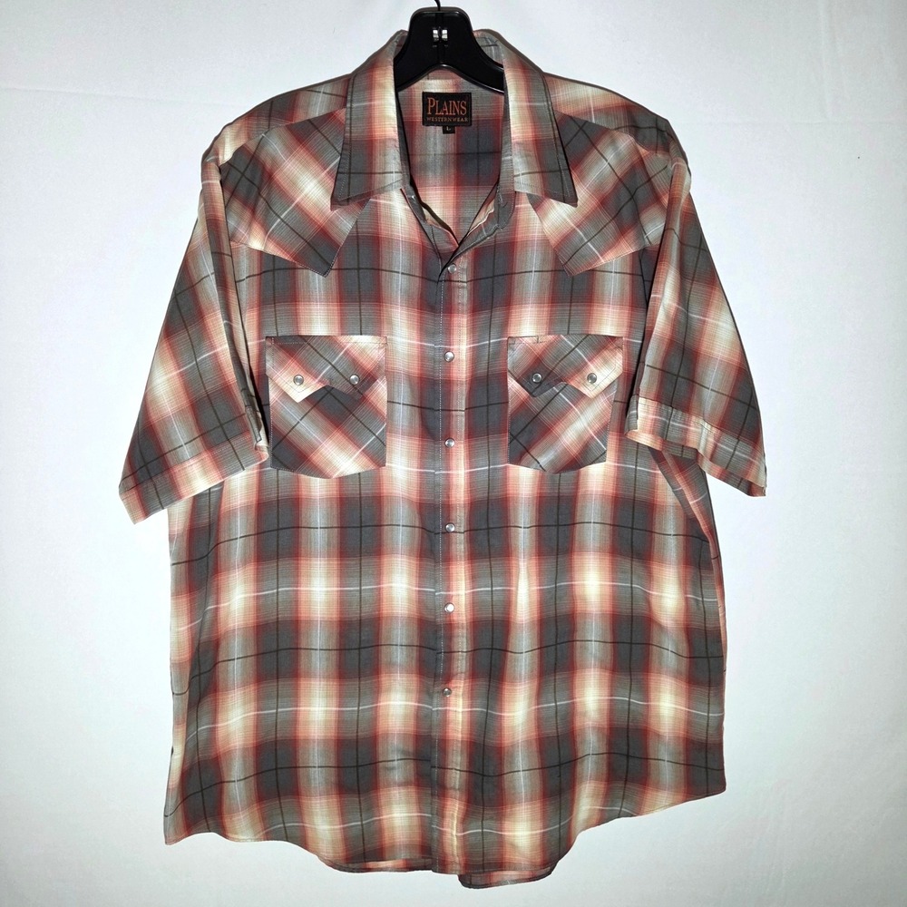 Plains Western Wear Mens Large Red Grey‎ Plaid Short Sleeve Pearl Snap Front